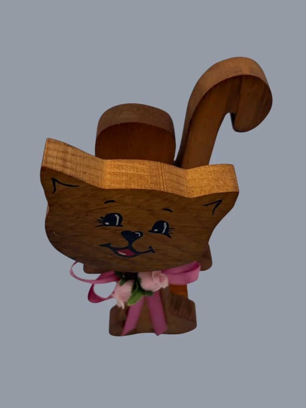 Vintage Hand Carved Wooden Cat Napkin Holder w/ Pink Ribbon Floral Accent